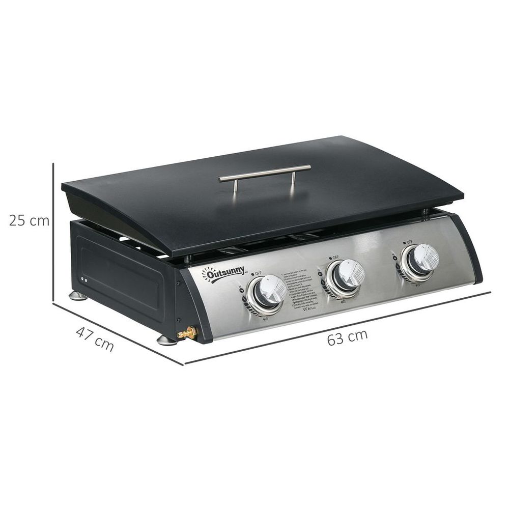 Outsunny Portable Gas Plancha BBQ Grill with 3 Burners, Non-Stick Griddle, Lid - anydaydirect