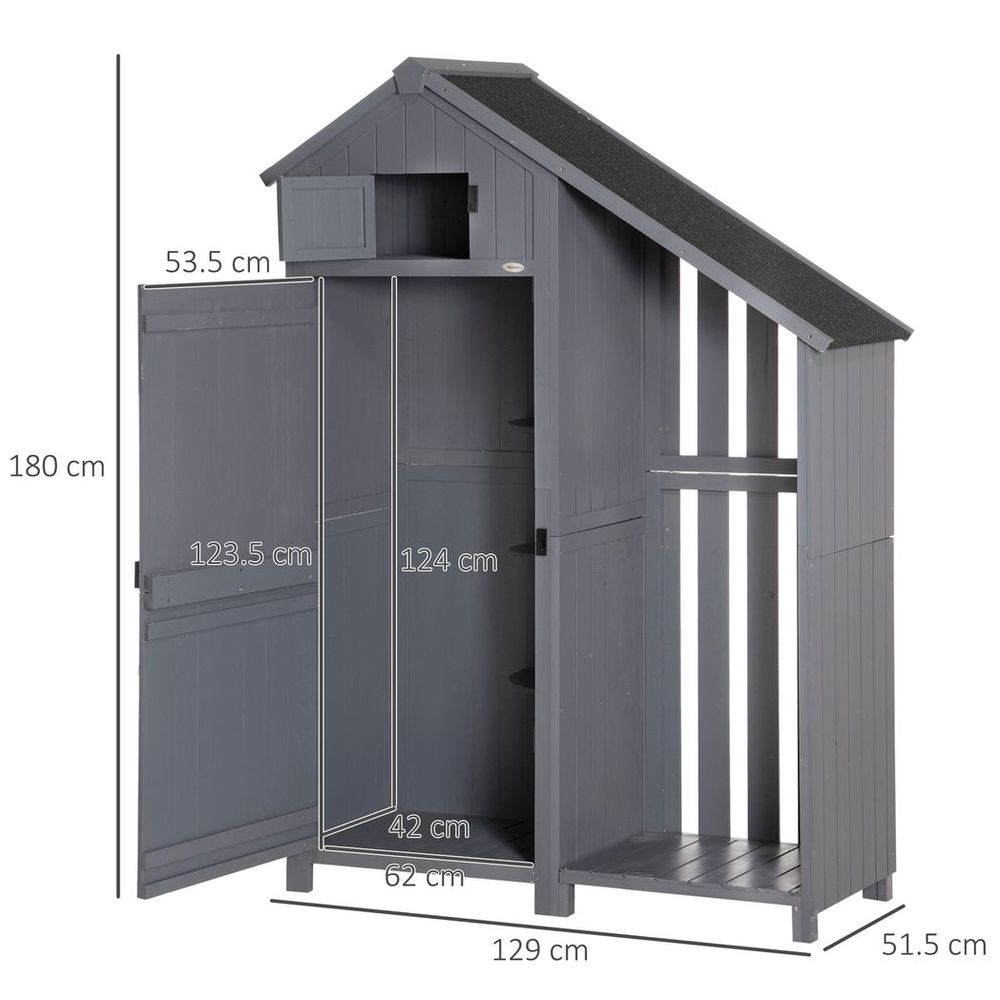 Grey Wooden Outdoor Tool Shed with 3 Shelves & Firewood Rack - anydaydirect