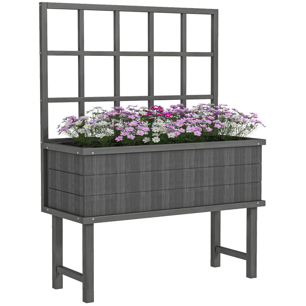 Outsunny Wood Raised Planter w/ Trellis Drain Holes Elevated Garden Bed Grey - anydaydirect