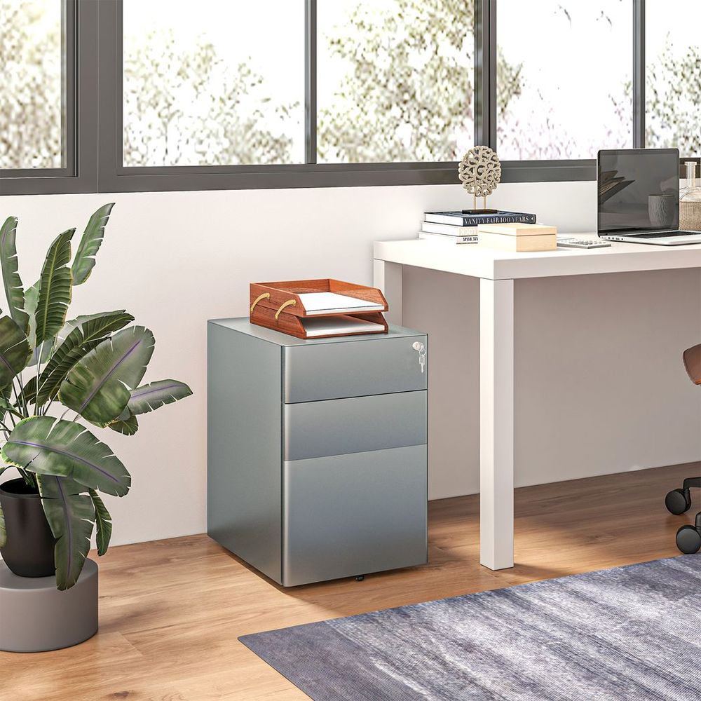 Vinsetto 3 Drawer Metal Filing Cabinet Lockable 5 Wheels Compact Under Desk Grey - anydaydirect