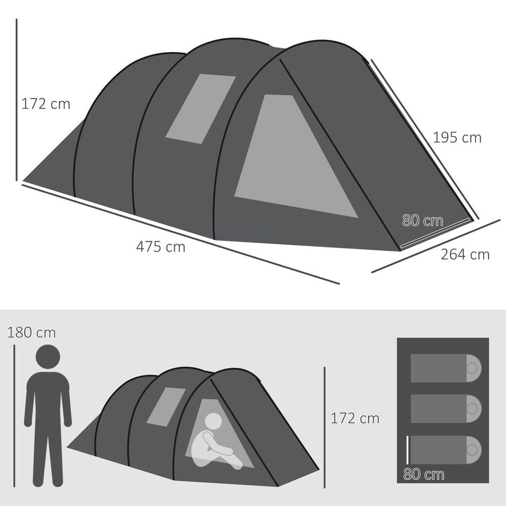 Outsunny 3-4 Persons Tunnel Tent, Two Room Camping Tent w/ Windows, Black - anydaydirect