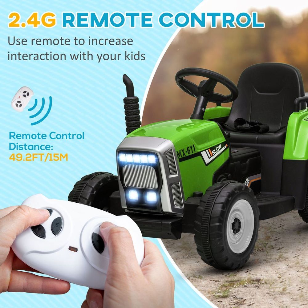 HOMCOM Ride on Tractor with Detachable Trailer, Remote Control, Music - Green - anydaydirect