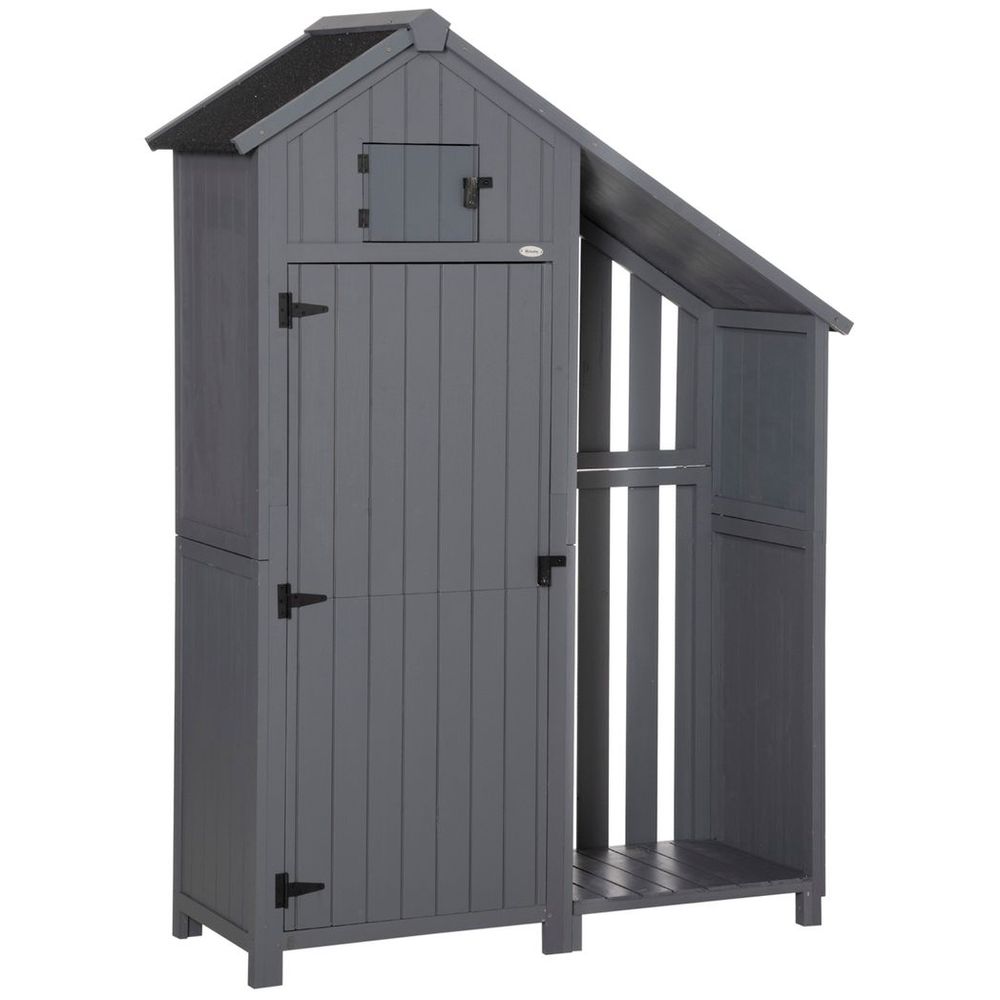 Grey Wooden Outdoor Tool Shed with 3 Shelves & Firewood Rack - anydaydirect