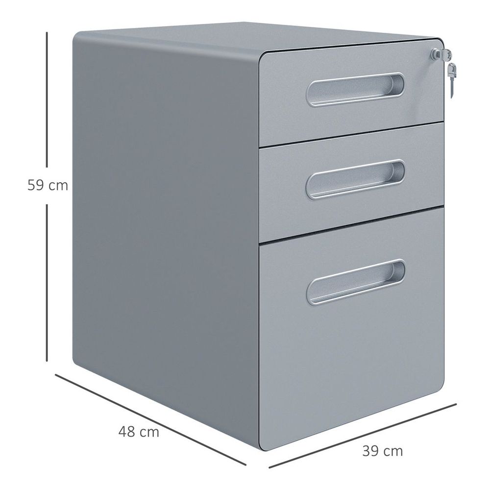 Vinsetto 3 Drawer Modern Steel Filing Cabinet w/ 4 Wheels Lock Pencil Box Grey - anydaydirect