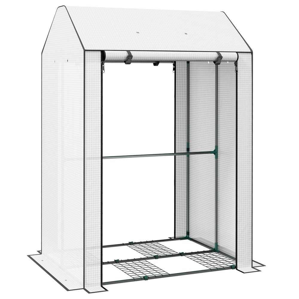 Outsunny Mini Greenhouse with Shelves and Roll Up Door, 100x80x150cm, White - anydaydirect