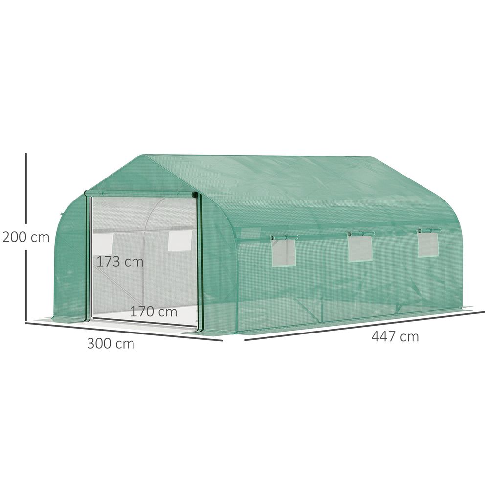 4.47 x 3 x 2m Walk-in Polytunnel Tent,  PE Cover, ZipDoor 6Windows, Green - anydaydirect