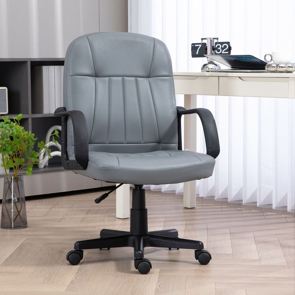 HOMCOM PU Leather Office Chair Swivel Home Mid-Back Computer Desk Chair, Grey - anydaydirect