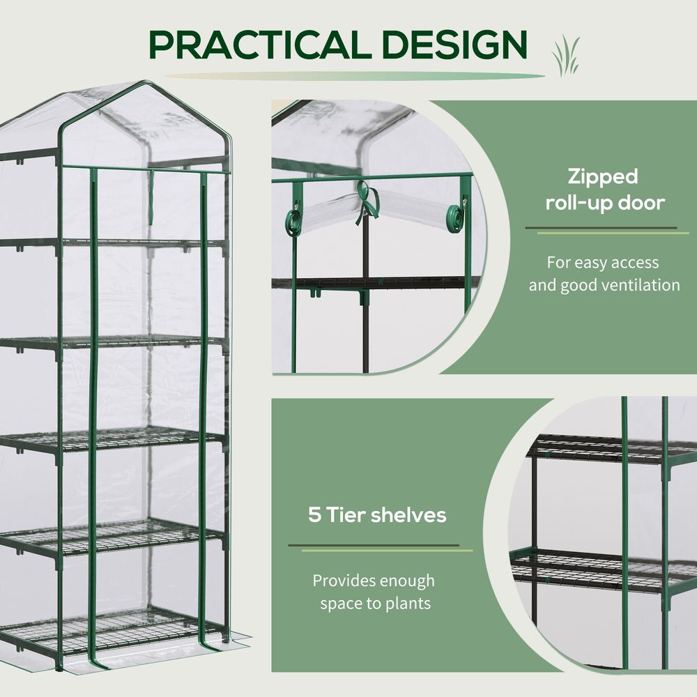 5 Tier Greenhouse OutdoorPortable Shed Metal Frame Transparent 69x49x193cm - anydaydirect