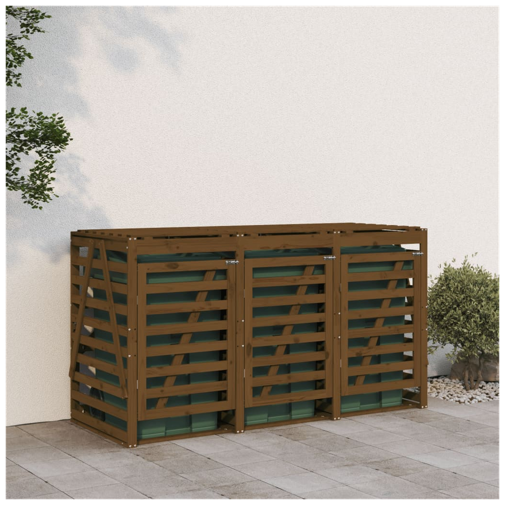 vidaXL Triple Wheelie Bin Storage Honey Brown Solid Wood Pine - anydaydirect