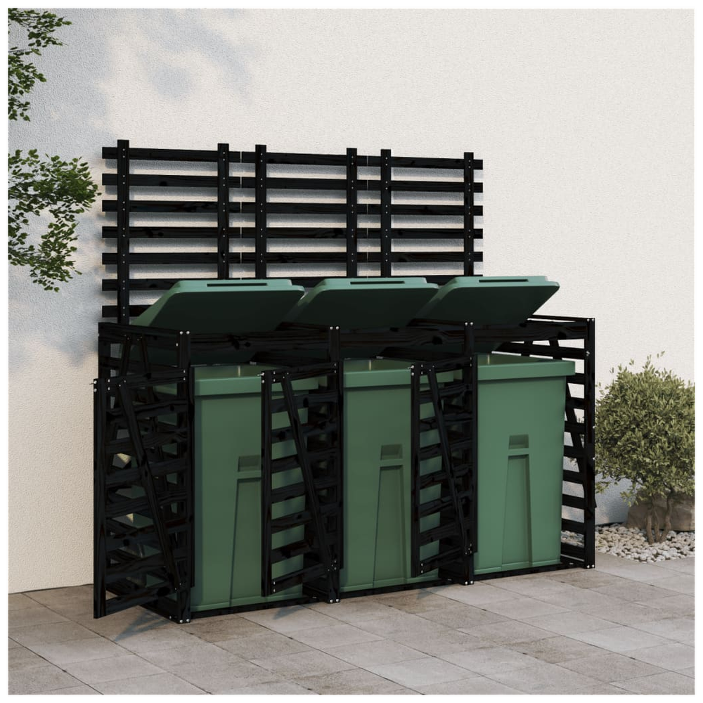 vidaXL Triple Wheelie Bin Storage Black Solid Wood Pine - anydaydirect