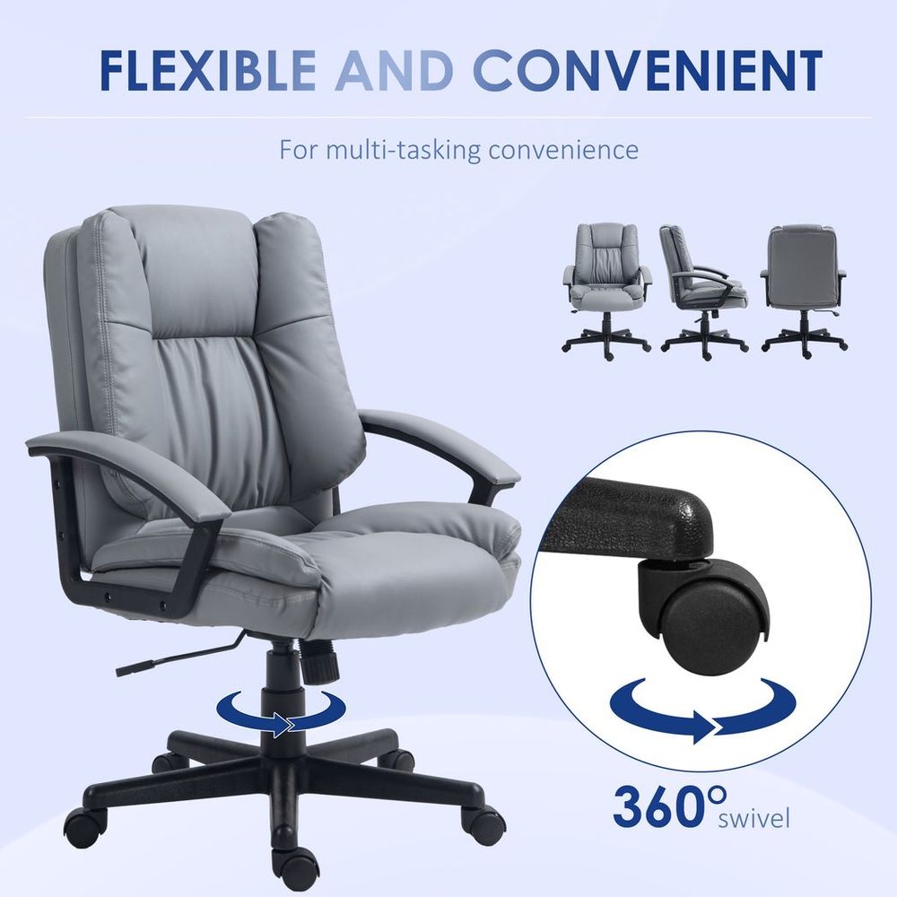 HOMCOM Faux Leather Home Office Chair Mid Back Desk Chair with Arms Light Grey - anydaydirect