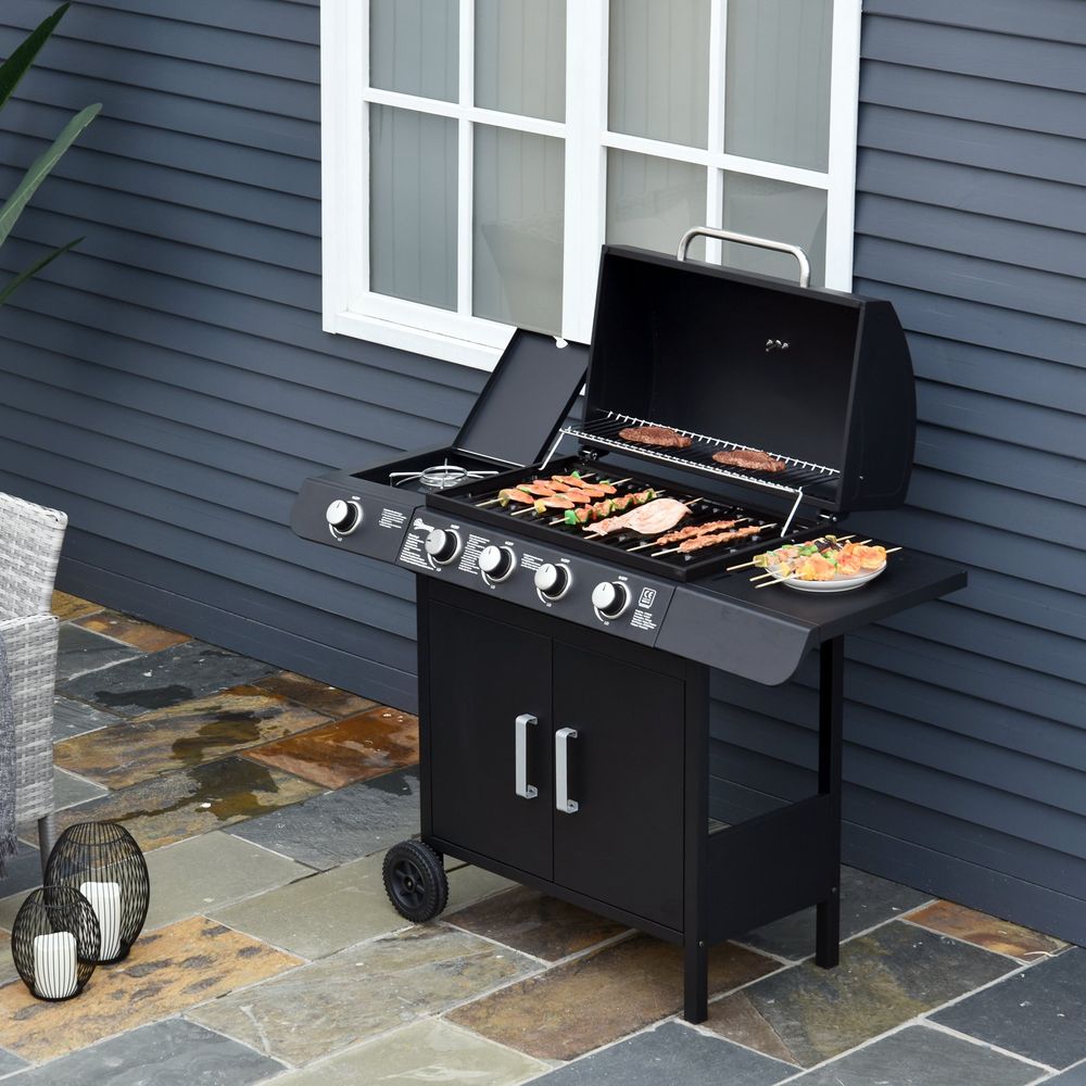 4+1 Gas BBQ Grill with Wheels, Steel-Black - anydaydirect