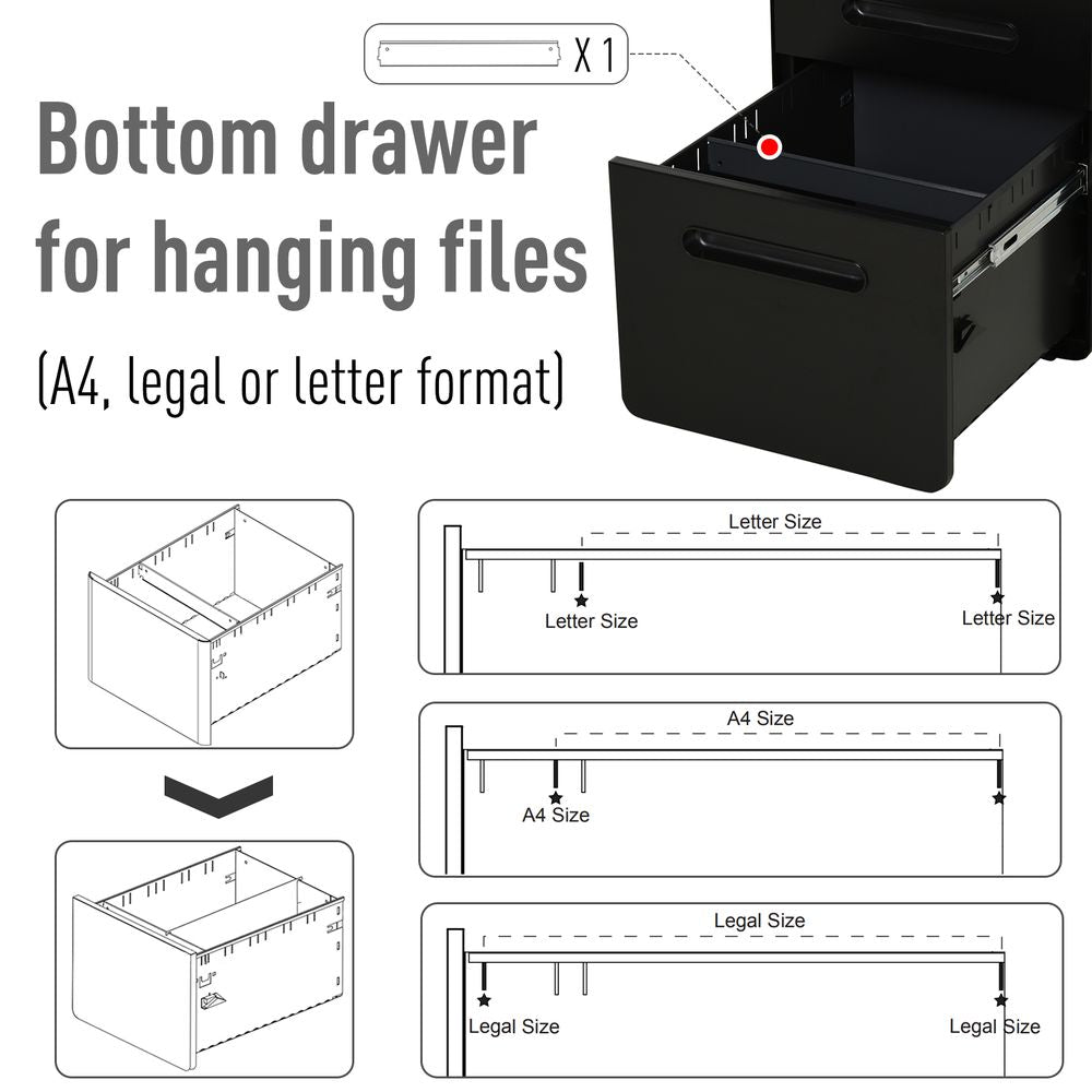 3 Draw Modern Steel Filing Cabinet w/ 4 Wheels Lock Pencil Box Black Vinsetto - anydaydirect