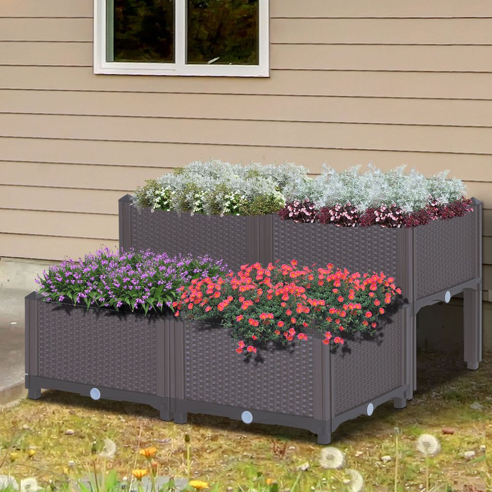 PP Set Of 4 Raised Outdoor Garden Planter Box Brown & Grey - anydaydirect