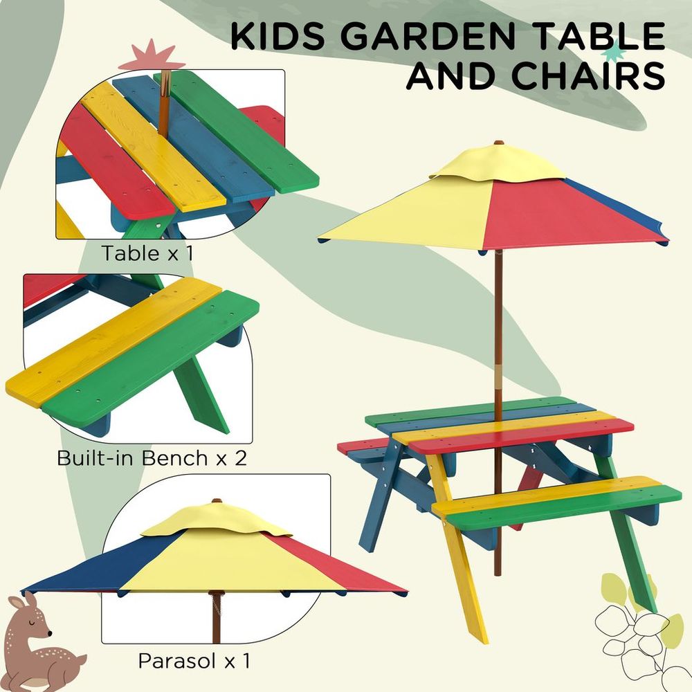 Outsunny Kids Table and Chair Set w/ Removable Parasol, for Ages 3-6 Years - anydaydirect