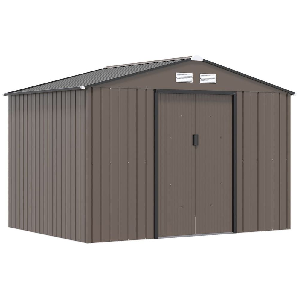 9 x 6FT Metal Garden Storage Shed with Sliding Door, Brown - anydaydirect