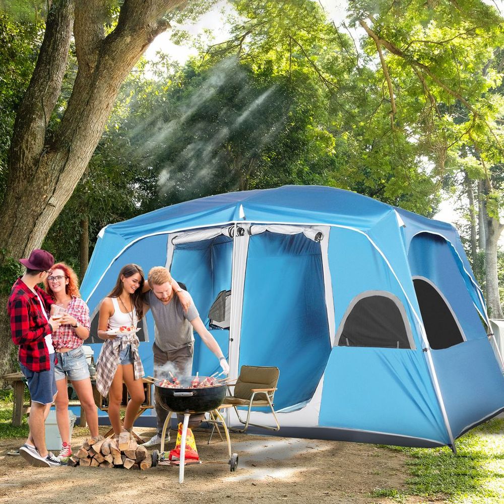 Outsunny Camping Tent, Family Tent 4-8 Person 2 Room Easy Set Up, Blue - anydaydirect
