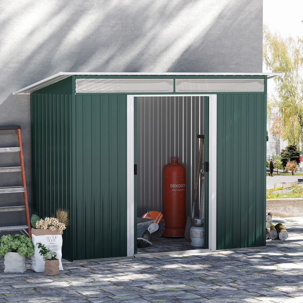 Pent Roof Metal Shed with Vents and Sliding Door - Green - anydaydirect