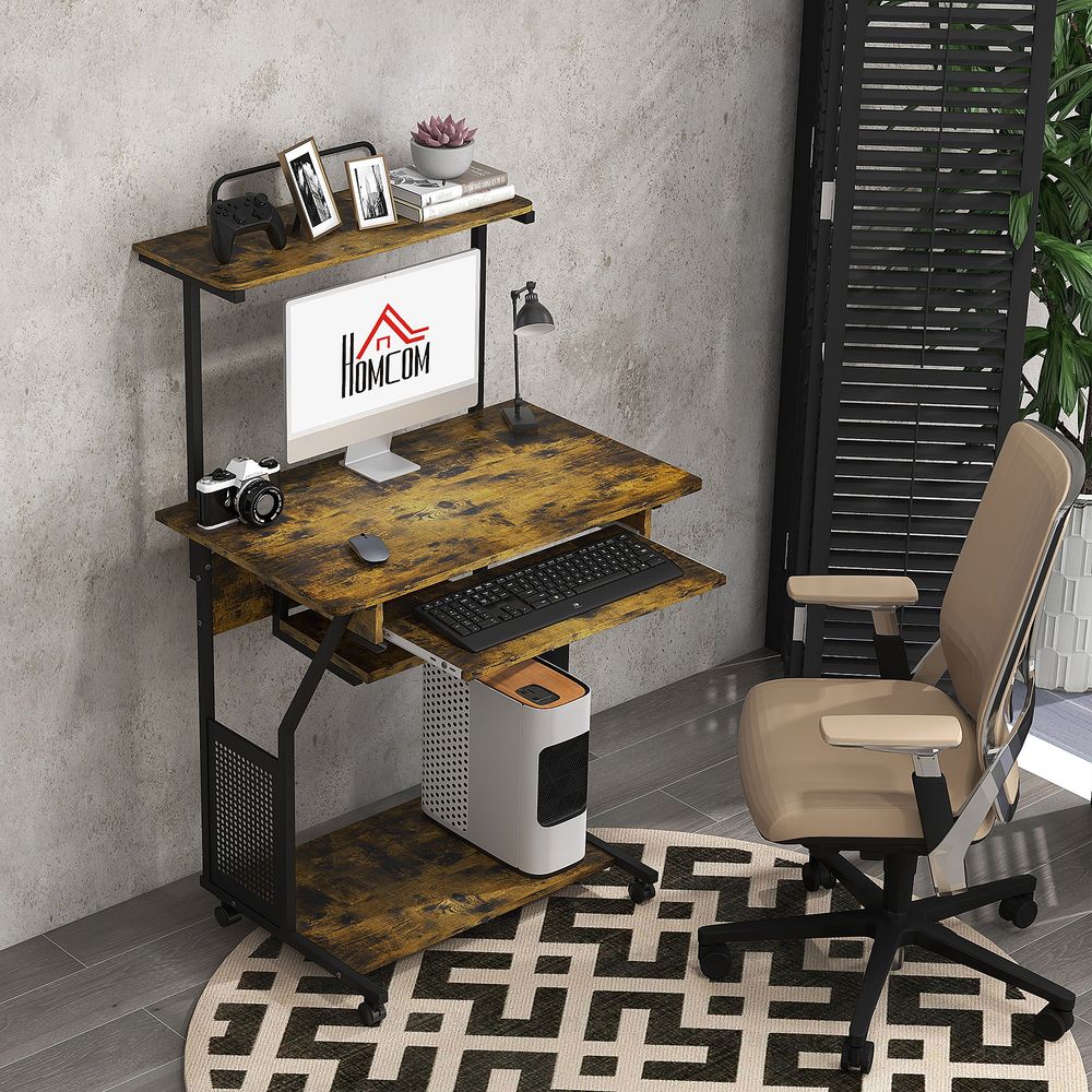 HOMCOM Rolling Computer Desk with Keyboard Tray Storage Shelves Rustic Brown - anydaydirect
