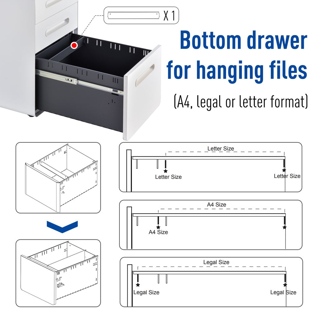 3 Draw Modern Steel Filing Cabinet w/ 4 Wheels Lock Pencil Box White Vinsetto - anydaydirect