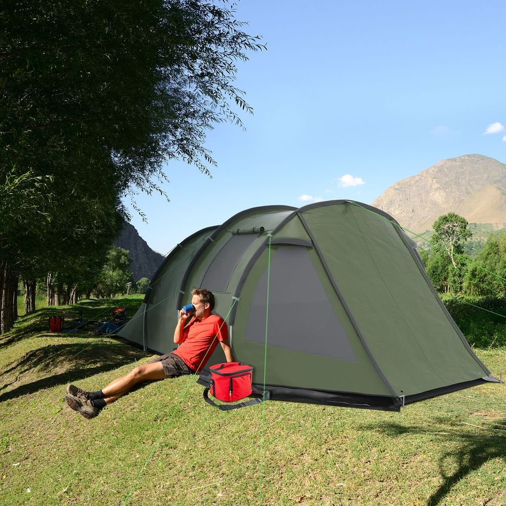 Outsunny 3-4 Persons Tunnel Tent, Two Room Camping Tent w/ Windows, Green - anydaydirect