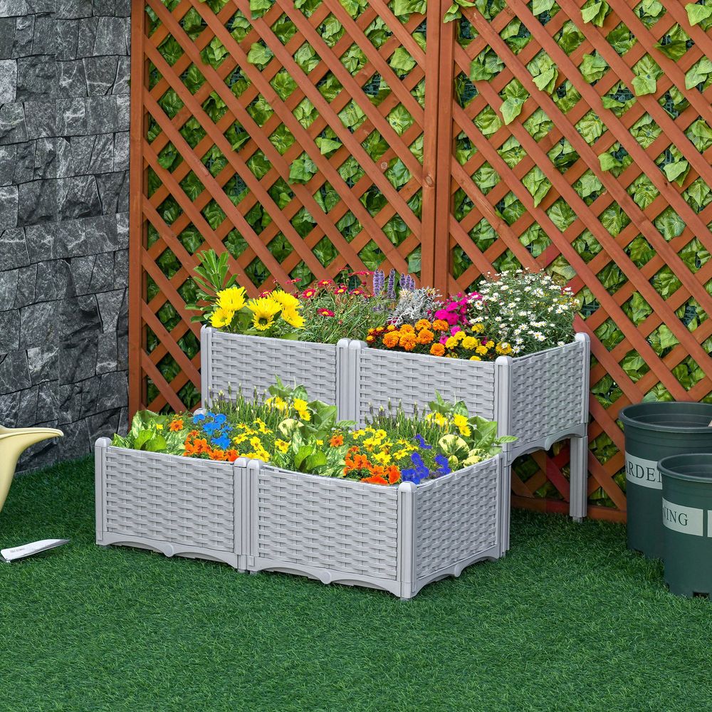 PP Set Of 4 Raised Outdoor Garden Planter Box Brown & Grey - anydaydirect