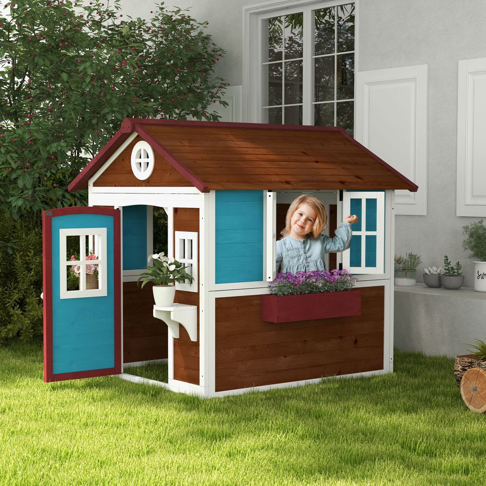 Outsunny Wooden Playhouse with Doors, Wooden, Plant Pots for Kids - Dark Brown - anydaydirect