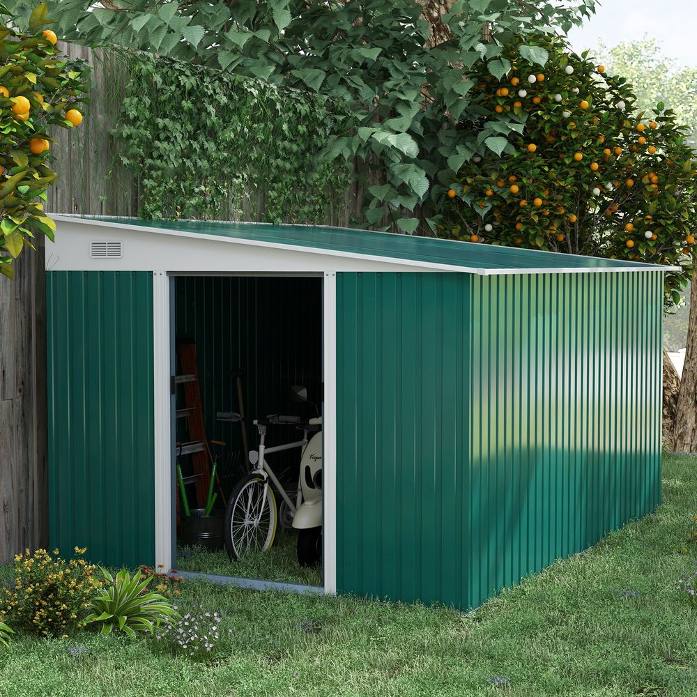 Green Steel Garden Shed 11.3x9.2ft - Sliding Doors & Vents - anydaydirect