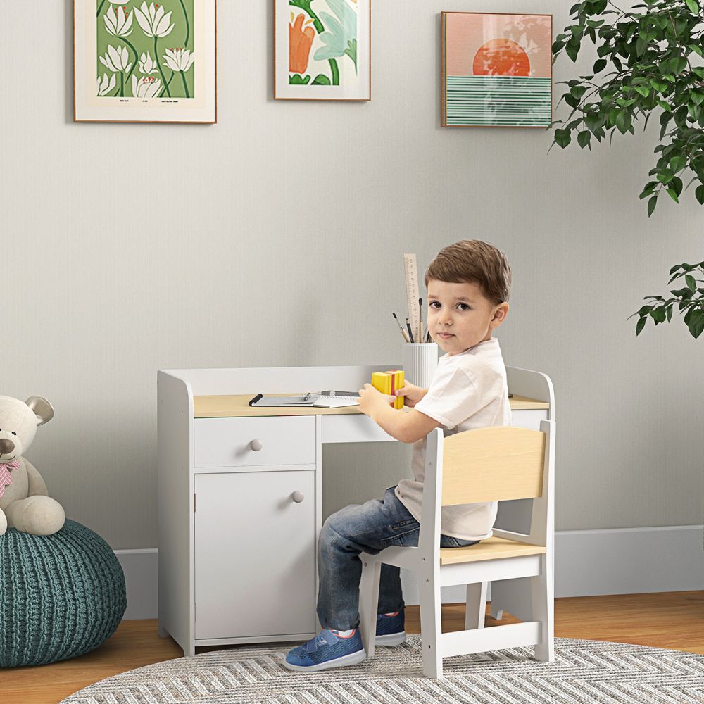 ZONEKIZ Kids Desk and Chair Set for 3-6 Year Old with Storage Drawer, White - anydaydirect