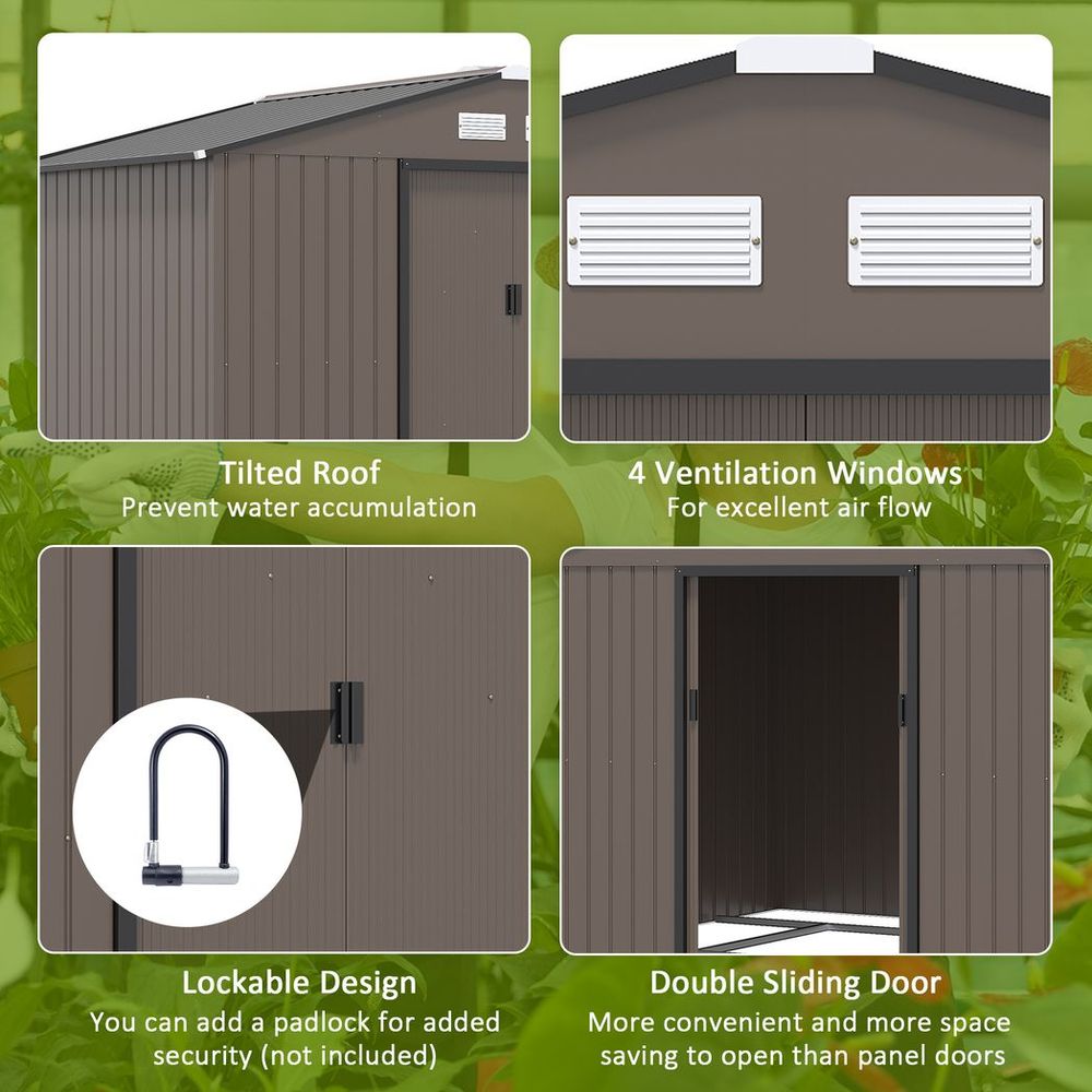 9 x 6FT Metal Garden Storage Shed with Sliding Door, Brown - anydaydirect