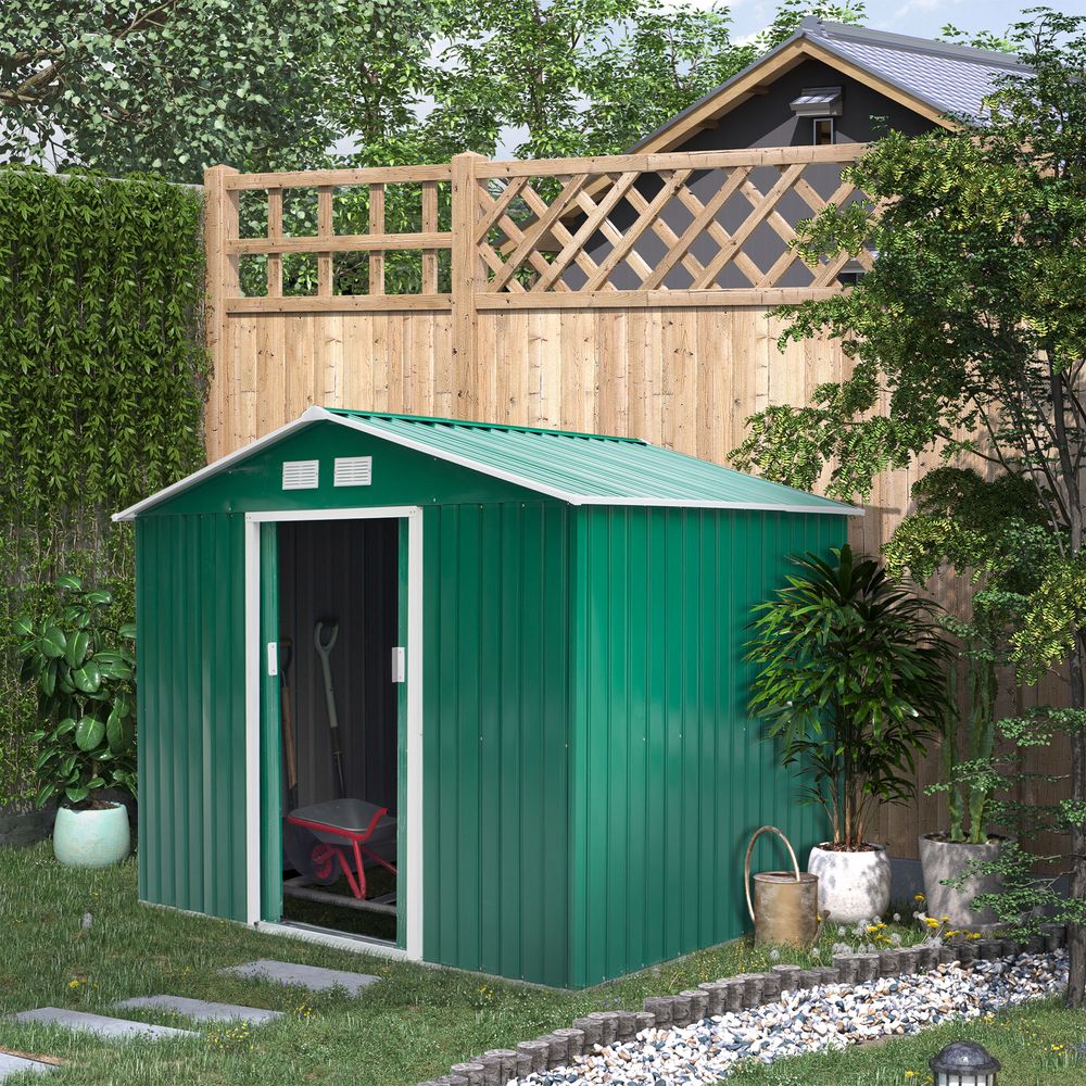 Durable 9x6 ft Metal Garden Shed with Sliding Doors - Green - anydaydirect