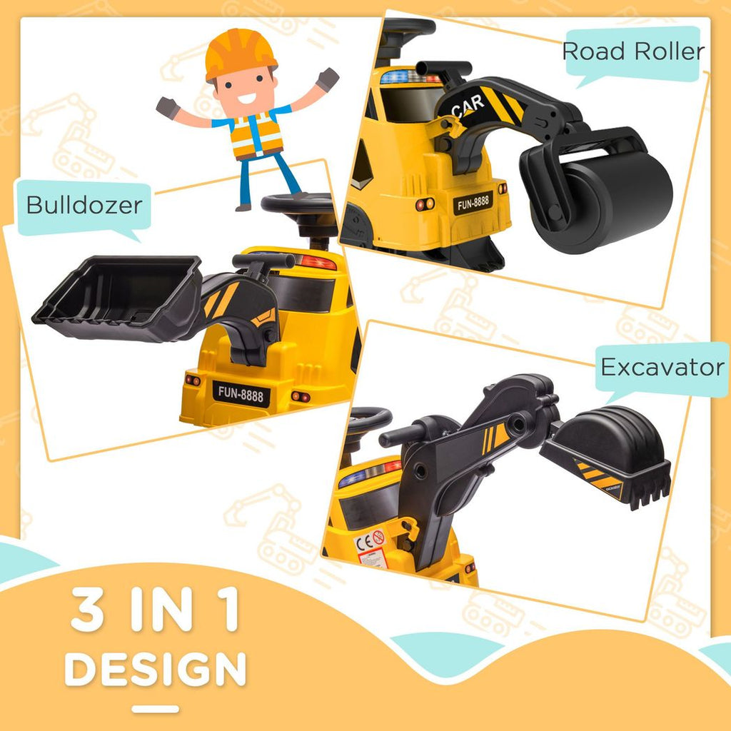 HOMCOM 3 in 1 Ride On Excavator, Bulldozer, Road Roller No Power with Music - anydaydirect