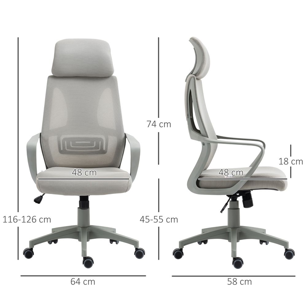 Mesh Back Office Chair w/ Adjustable Height Padded Headrest Grey Vinsetto - anydaydirect