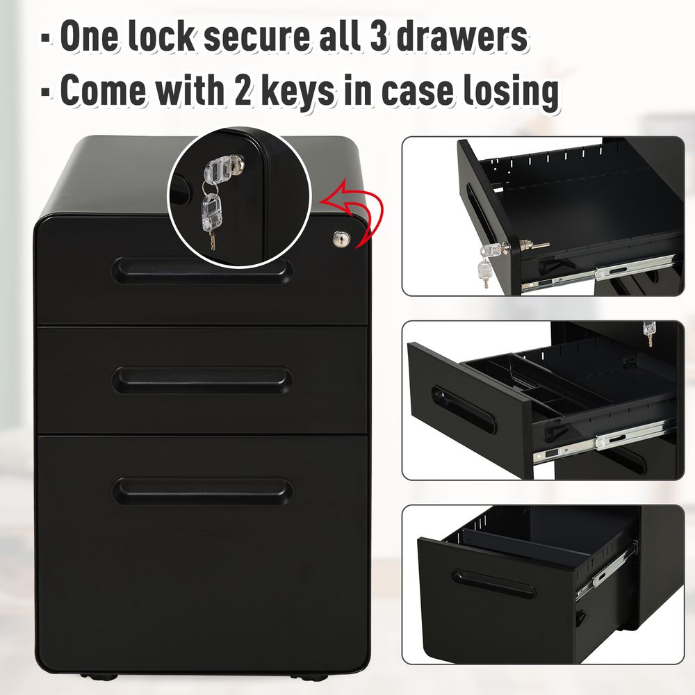 3 Draw Modern Steel Filing Cabinet w/ 4 Wheels Lock Pencil Box Black Vinsetto - anydaydirect