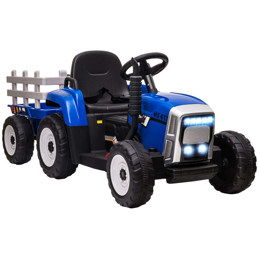 HOMCOM Ride on Tractor with Detachable Trailer, Remote Control, Music - Blue - anydaydirect