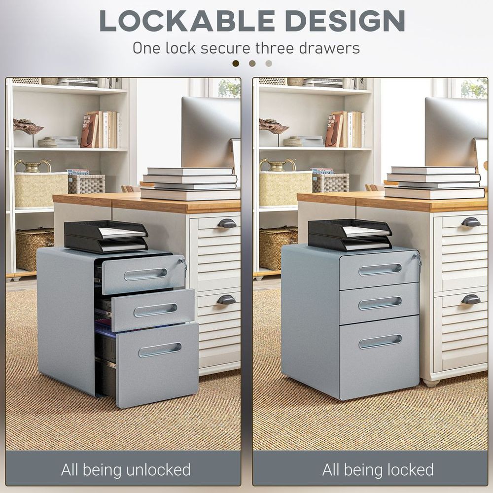 Vinsetto 3 Drawer Modern Steel Filing Cabinet w/ 4 Wheels Lock Pencil Box Grey - anydaydirect