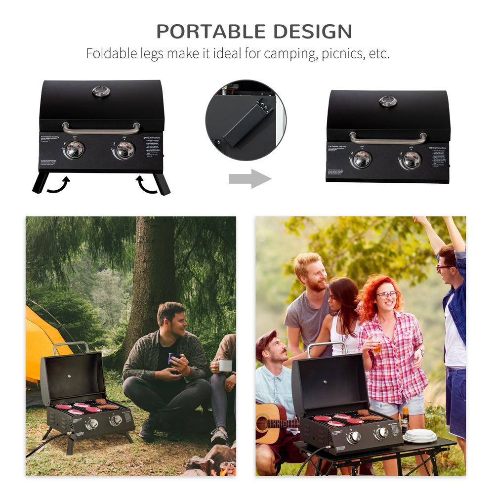 2 Burner Gas BBQ Grill Portable Folding Tabletop Barbecue Lid Thermometer Black - anydaydirect