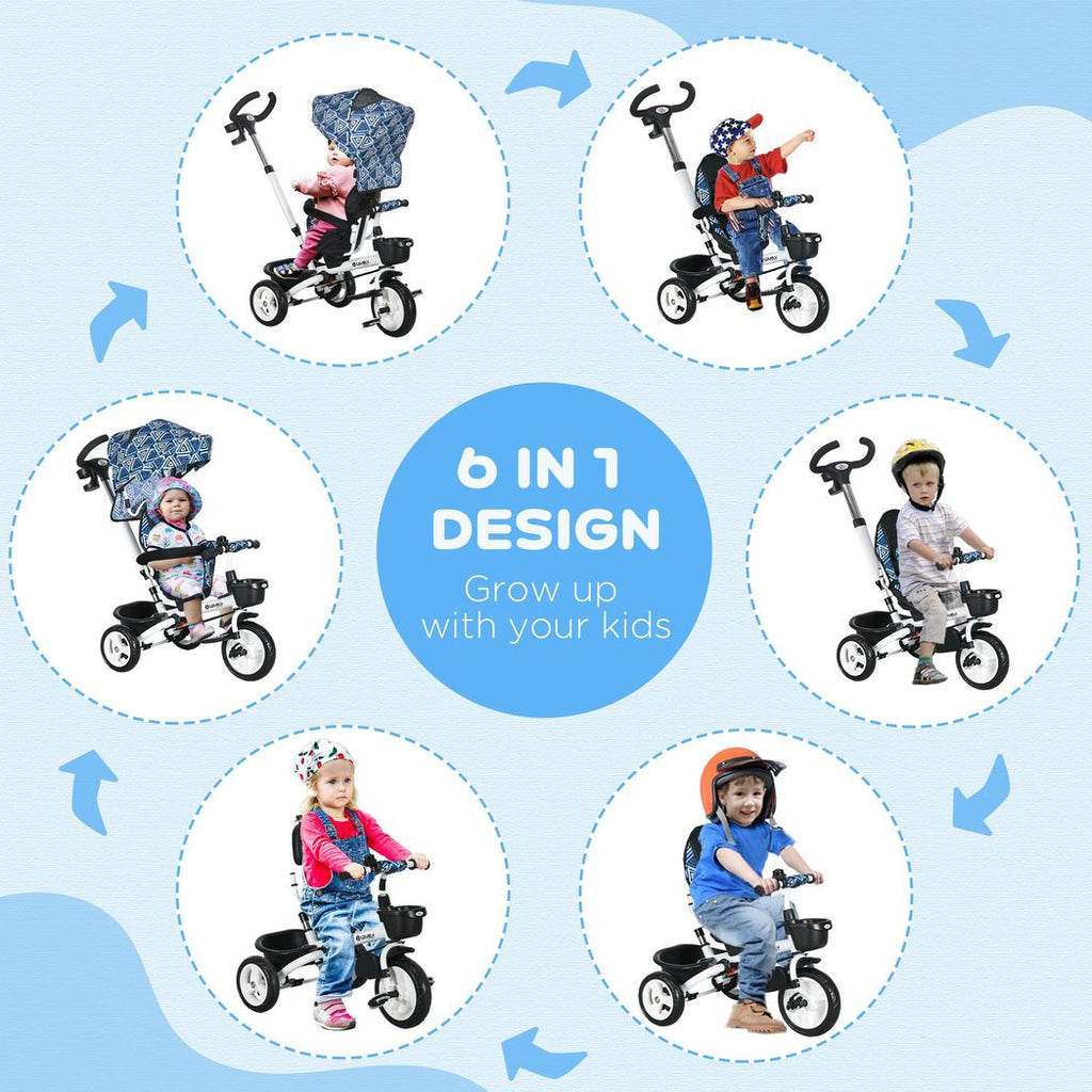 HOMCOM 6 in 1 Trike for Toddler 1-5 Years with Parent Handle, Light Blue - anydaydirect