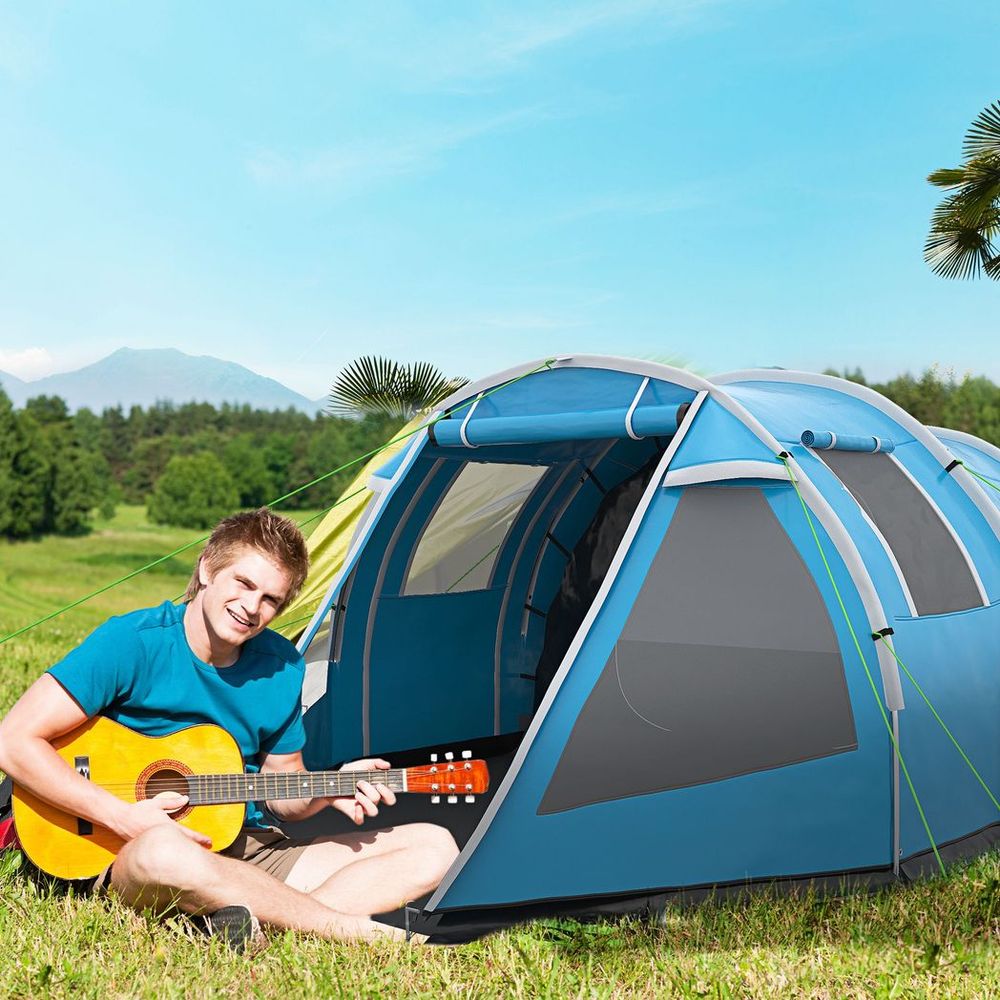 3-4 Persons Tunnel Tent, Two Room Camping Tent w/ Windows, Blue - anydaydirect