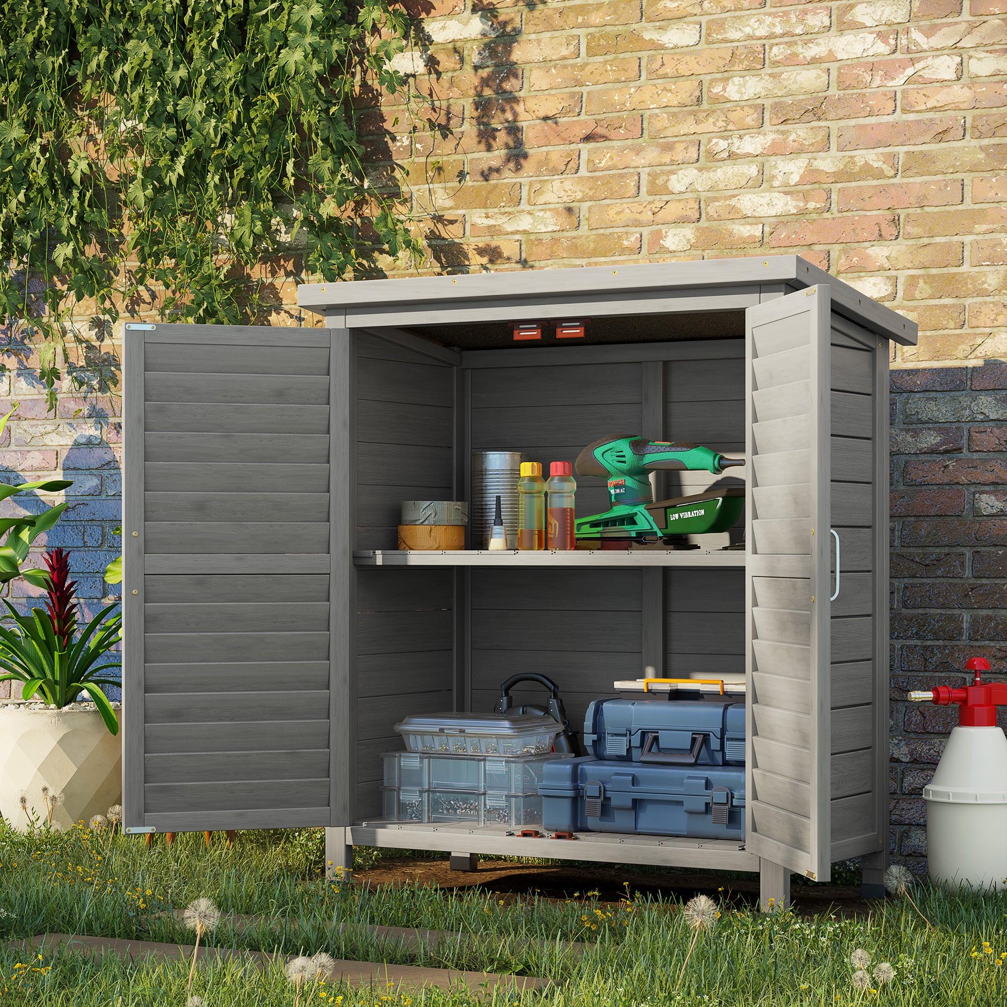 Outsunny Garden Shed Wooden Garden Storage Shed 2 Door Unit Solid Fir Wood Garage Tool Organisation Cabinet, 87L x 46.5W x 96.5Hcm, Grey - anydaydirect