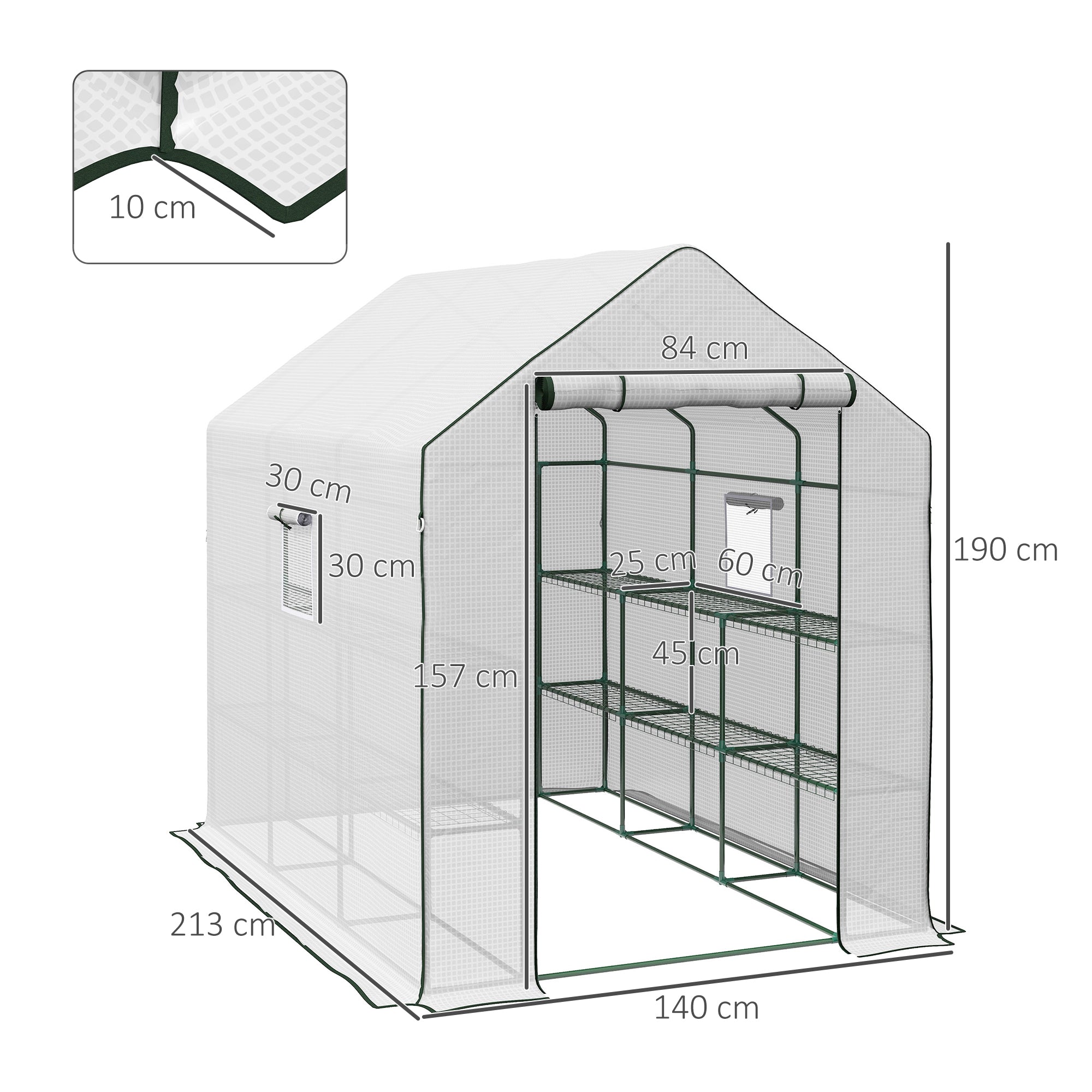 Outsunny Walk-in Greenhouse with 3 Tier Shelves, Outdoor Green House Garden Grow House with Reinforced PE Cover, Roll-up Door and Mesh Windows, 140 x 213 x 190cm, White - anydaydirect