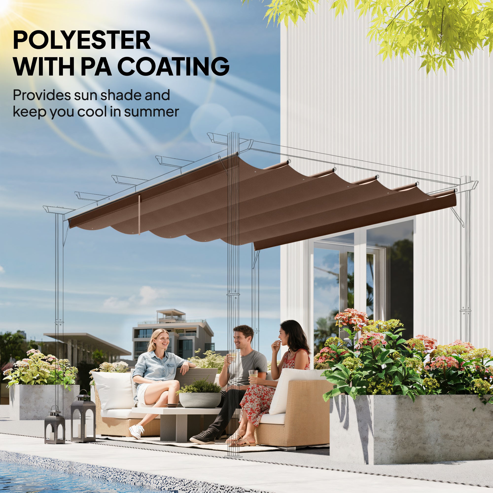 Outsunny Retractable Pergola Cover, 2.55 x 2.5 m Replacement Canopy Fabric for 3 x 3 m Frame, Roof Top Only, Brown - anydaydirect