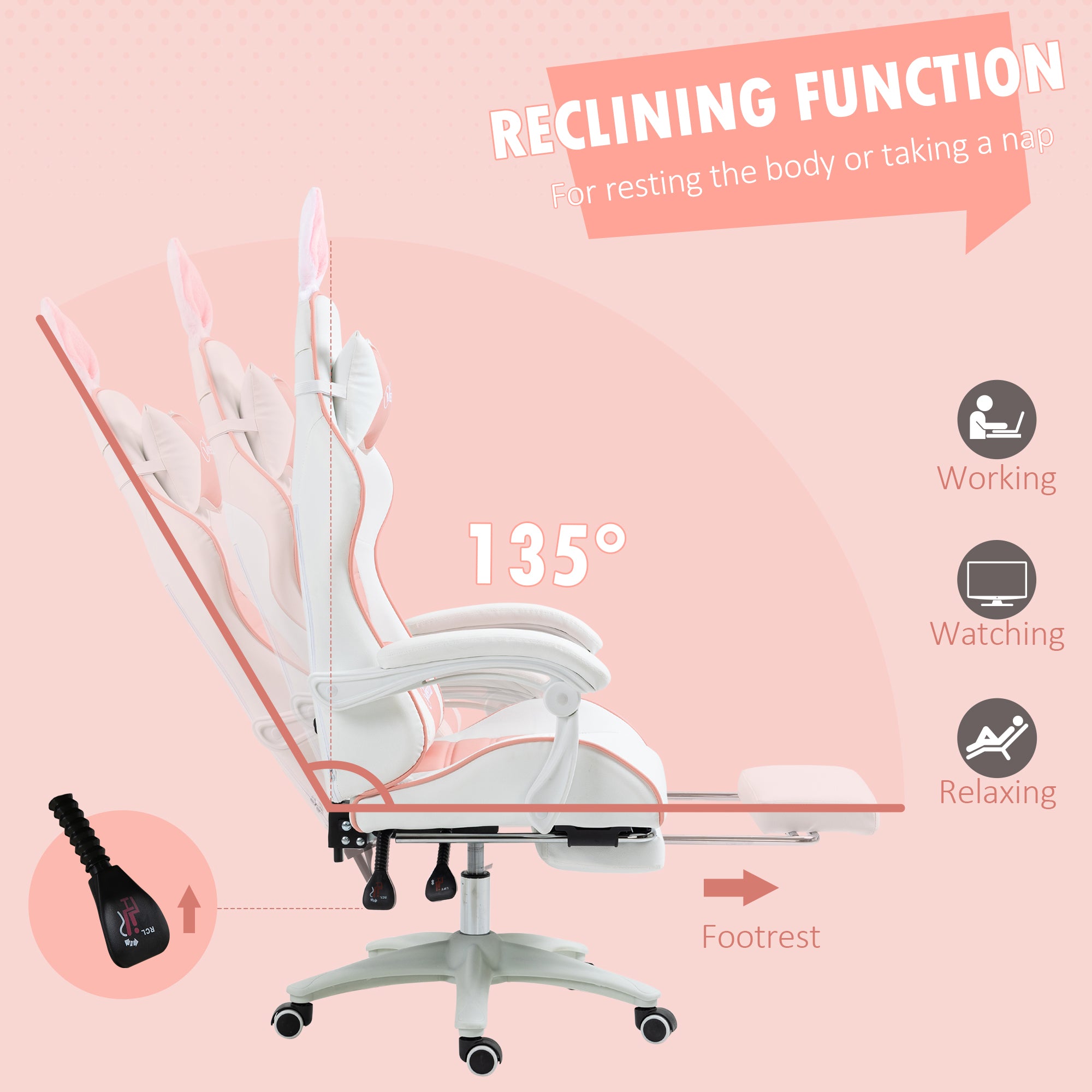 Vinsetto Racing Gaming Chair, Reclining PU Leather Computer Chair with Removable Rabbit Ears, Footrest, Headrest and Lumber Support, Pink - anydaydirect