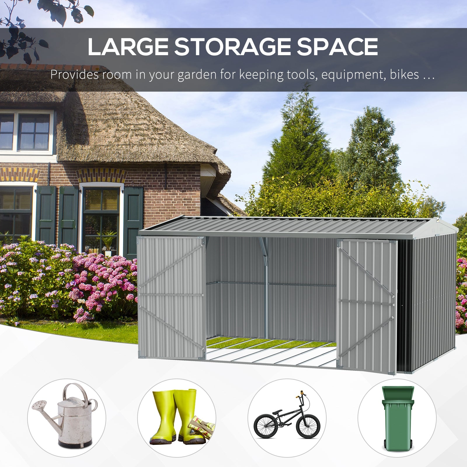 Outsunny 14 x 9 ft Lockable Garden Shed Large Patio Roofed Tool Metal Storage Building Foundation Sheds Box Outdoor Furniture, Grey - anydaydirect