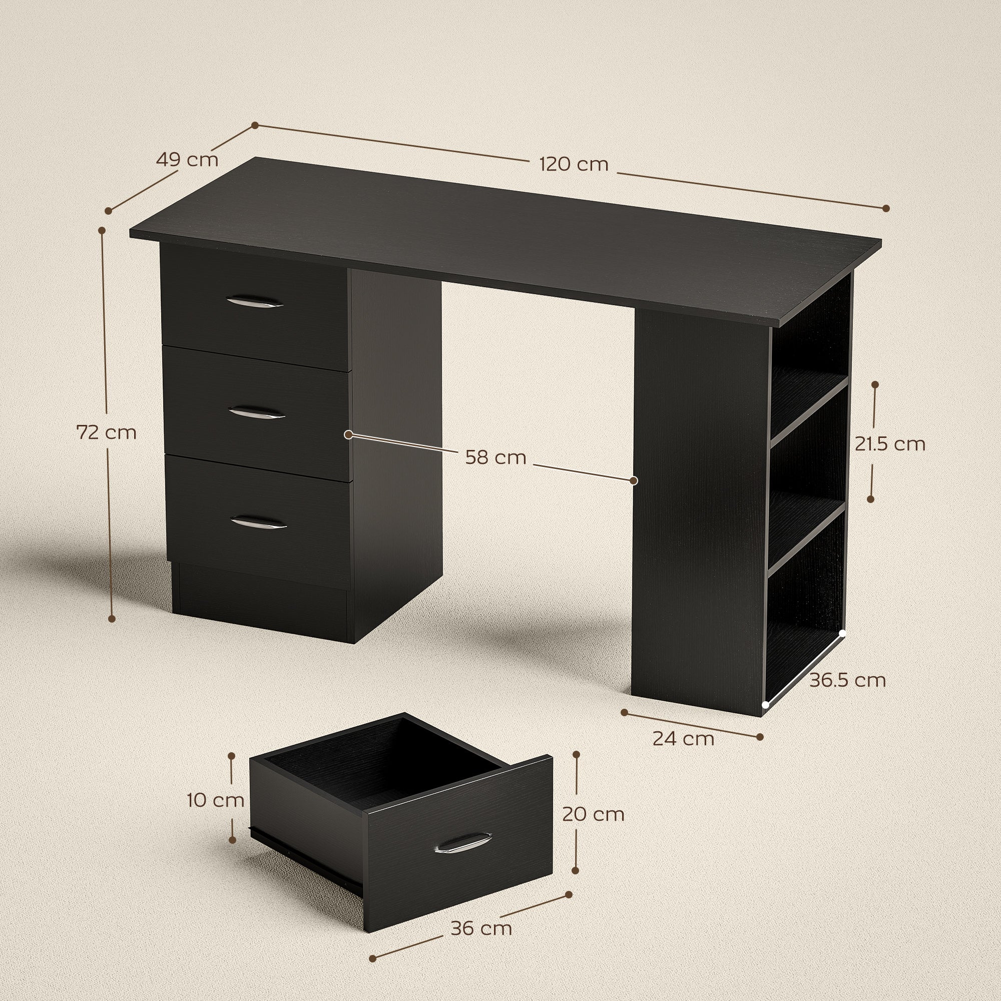 HOMCOM Computer Desk, Home Office Desk, Writing Table, PC Workstation with 3 Storage Shelves and 3 Drawers for Working, Study, 120 x 49 x 72 cm, Black - anydaydirect