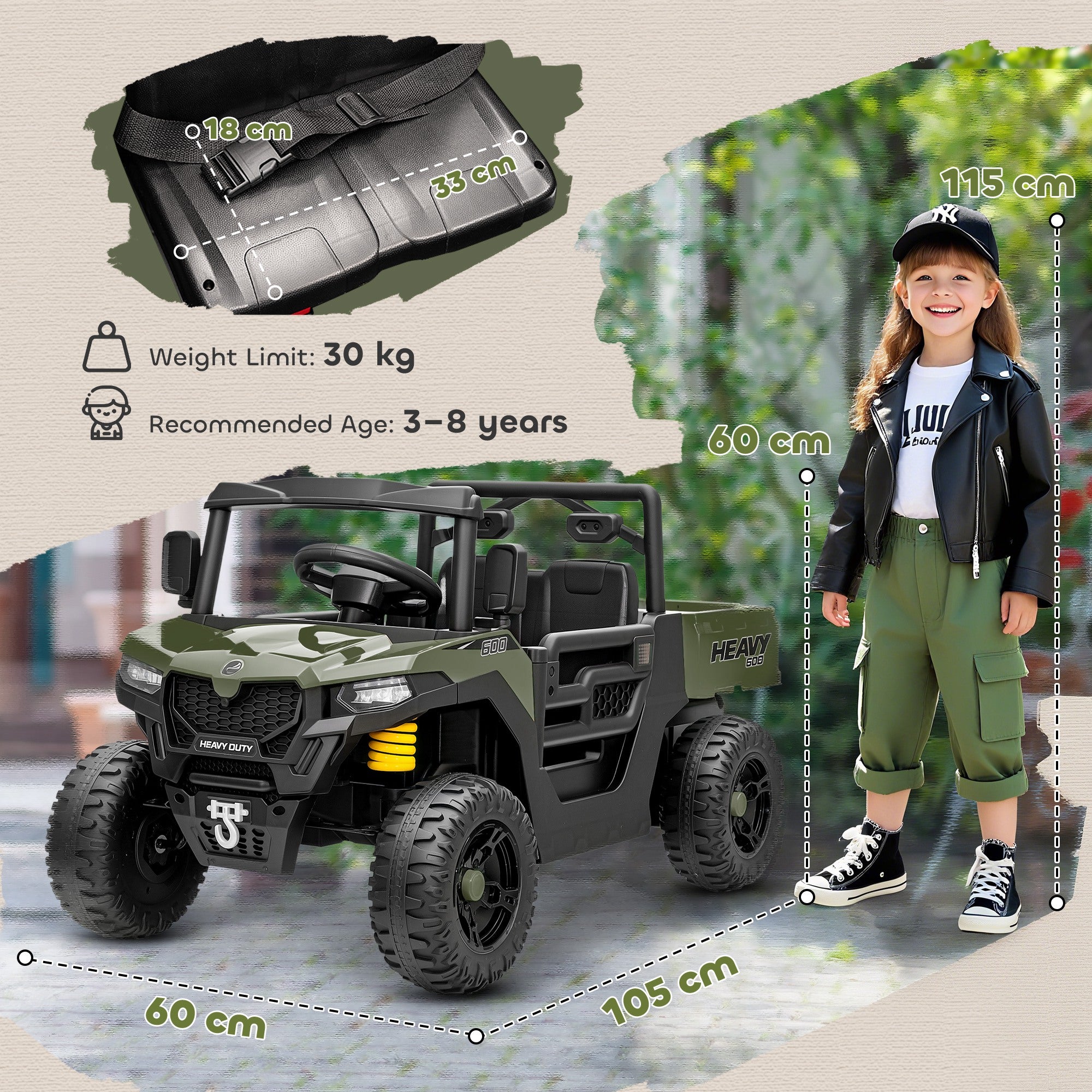 AIYAPLAY Kids Ride on Car, 12V Electric Kids UTV with Electric Dump Bed, 4-Wheel Suspension for 3-8 Years, Green - anydaydirect