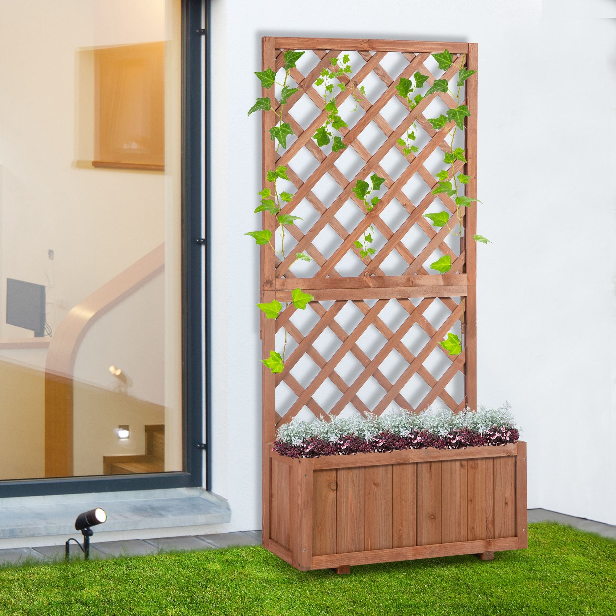 wooden trough planter with trellis Outsunny 72.5 x 31.5 x 149.5 cm 45L Garden Wooden Pine Trough Planter – anydaydirect