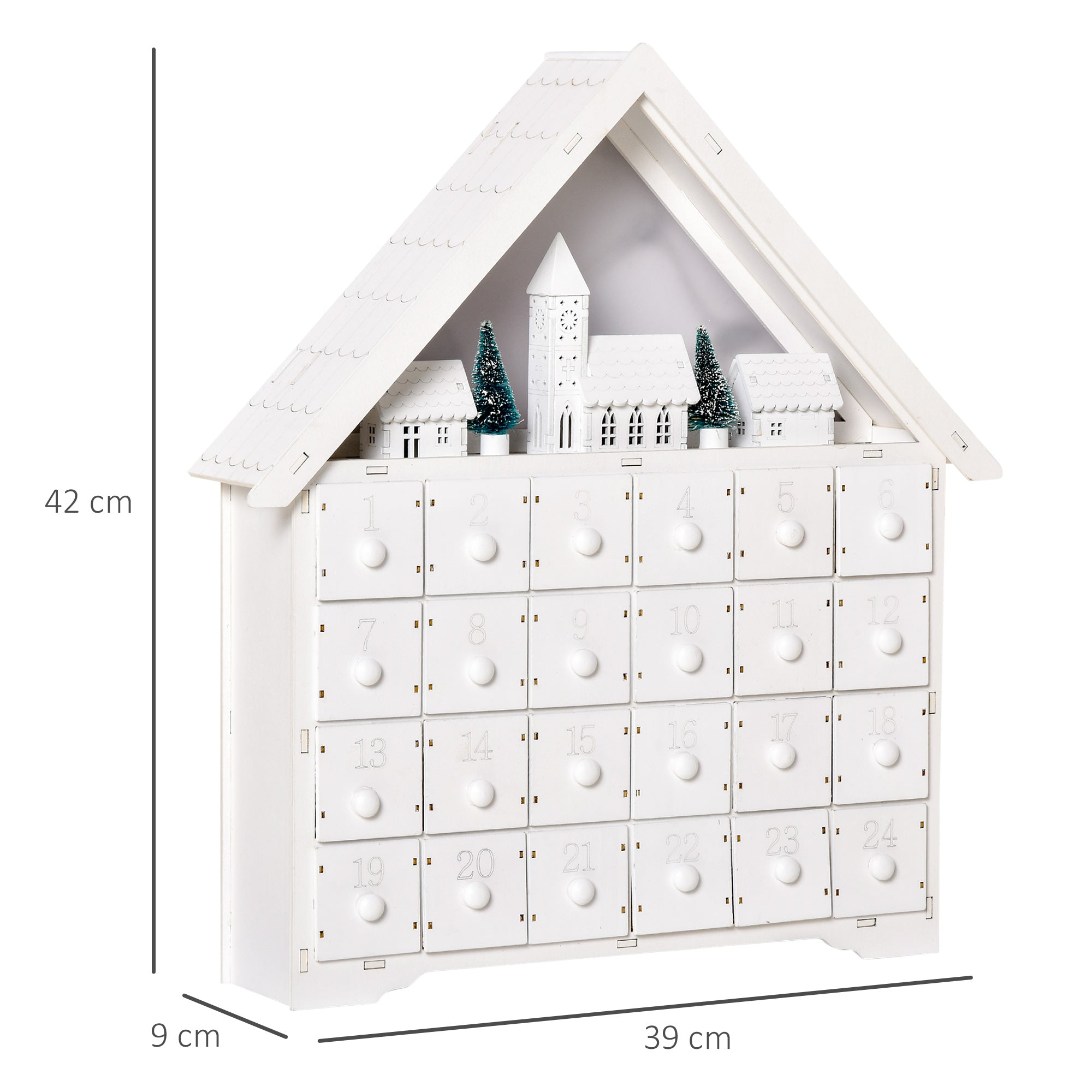 HOMCOM Christmas Advent Calendar, Light Up Table Xmas Wooden House Holiday Decoration with Countdown Drawer, Village, White - anydaydirect