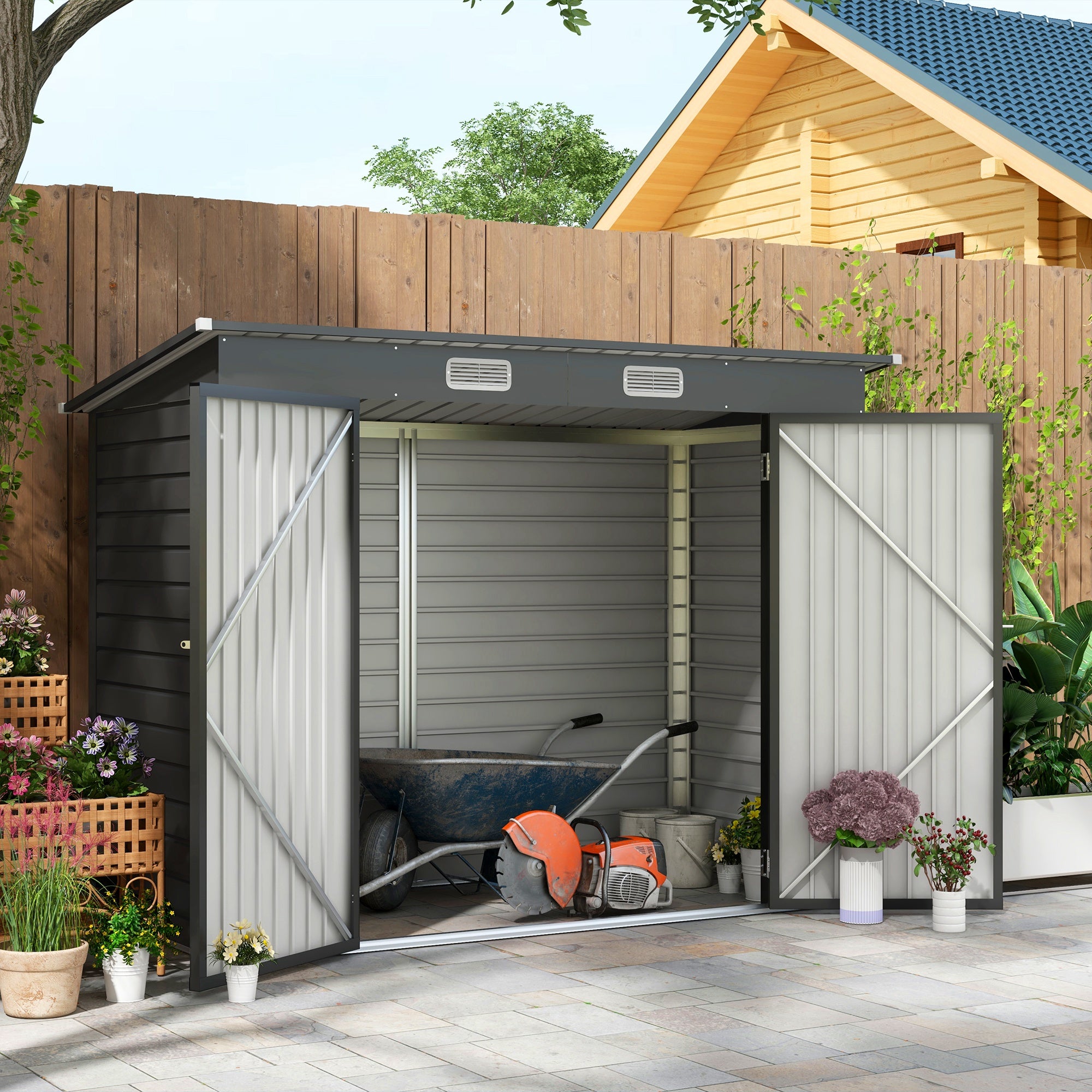 Outsunny 8 x 4FT Galvanised Garden Storage Shed, Metal Outdoor Shed with Double Doors and 2 Vents, Grey - anydaydirect