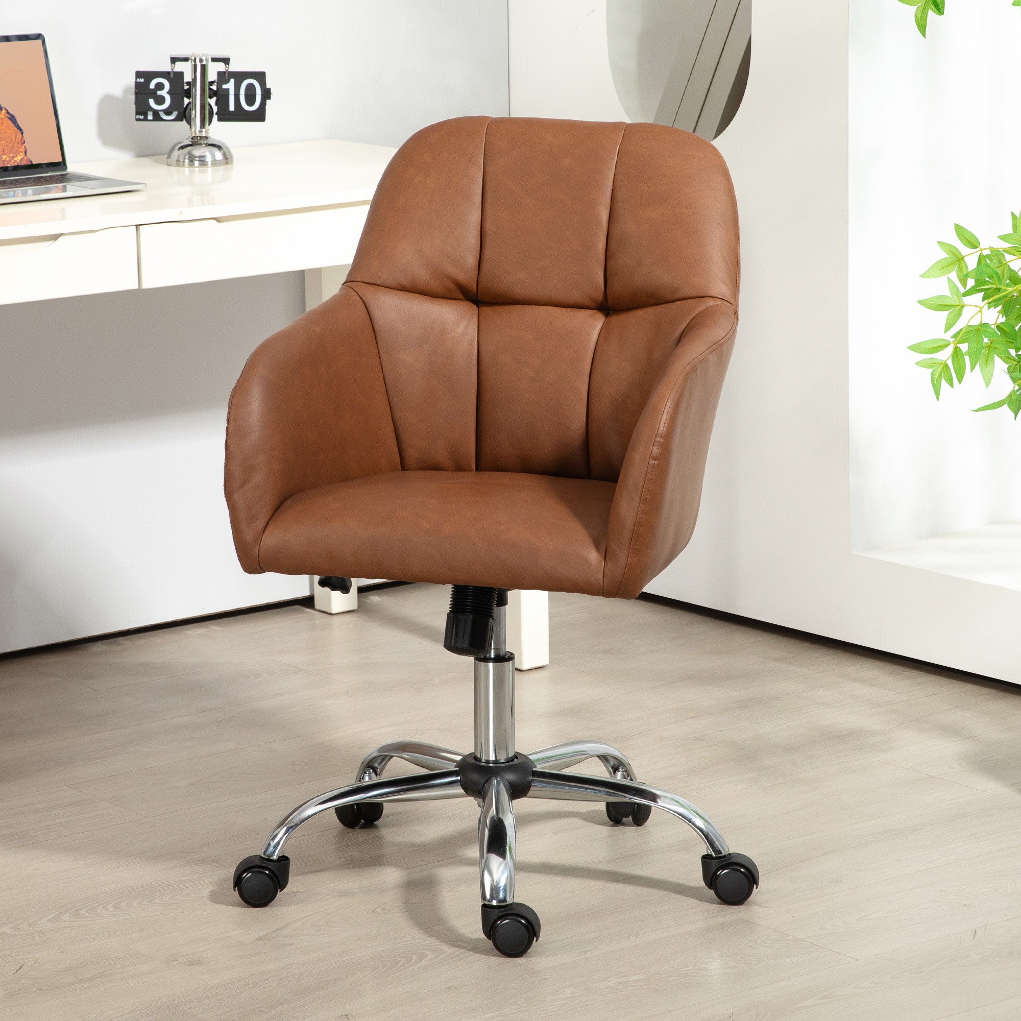 HOMCOM Faux Leather Tub Office Chair, with Wheels - Brown - anydaydirect